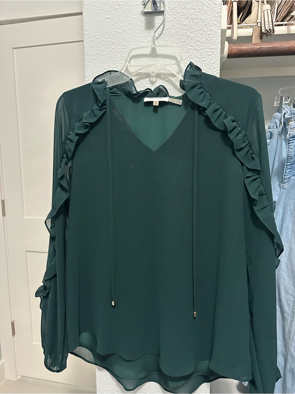 Calvin Klein Forest Green Ruffle-Trim V-Neck Blouse